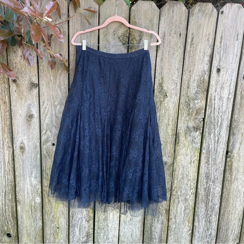 NWT Anthropologie Navy Blue Tulle Midi Skirt Flowy Flared Layered Mesh Size L